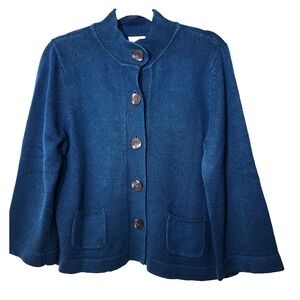 J Jill Teal Button Front Knit Cardigan/Jacket Mandarin Collar Pockets Size Large